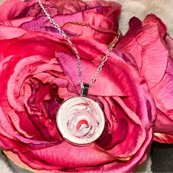 Hand painted Abstract Acrylic fluid art round bezel pendant necklace red white - Picture 2 of 8